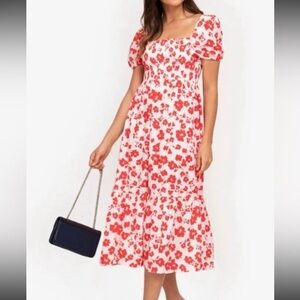 J. Crew Floral Tiered Puff Sleeve Midi Dress Red White 8